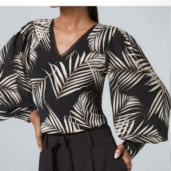 White House Black Market Palm Leaf Black Drama Sleeves Blouse Size Small NWT - Picture 1 of 11